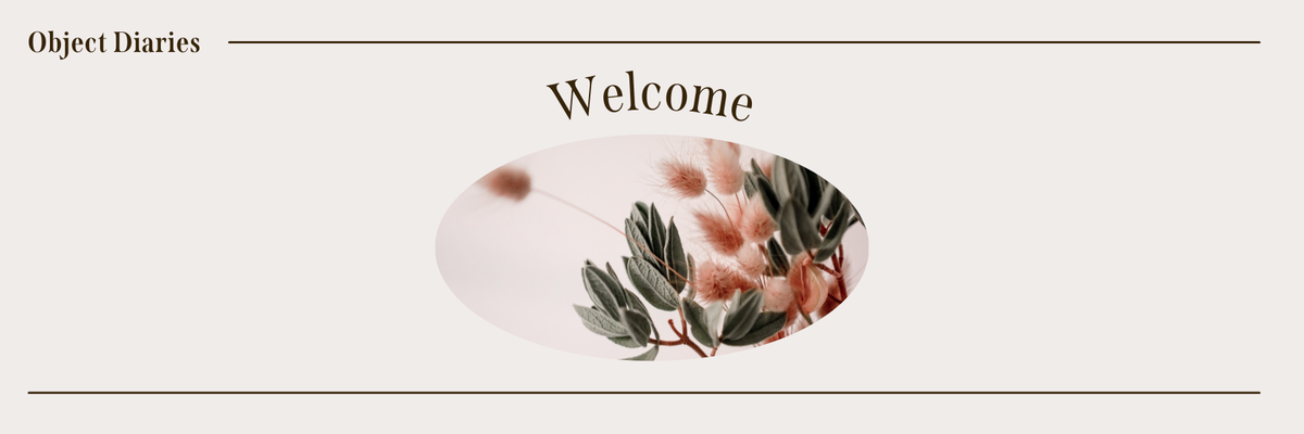 Image Description: Object Diaries - Welcome - a photo of blush pink flowers with green leaves within an elliptical shape.
